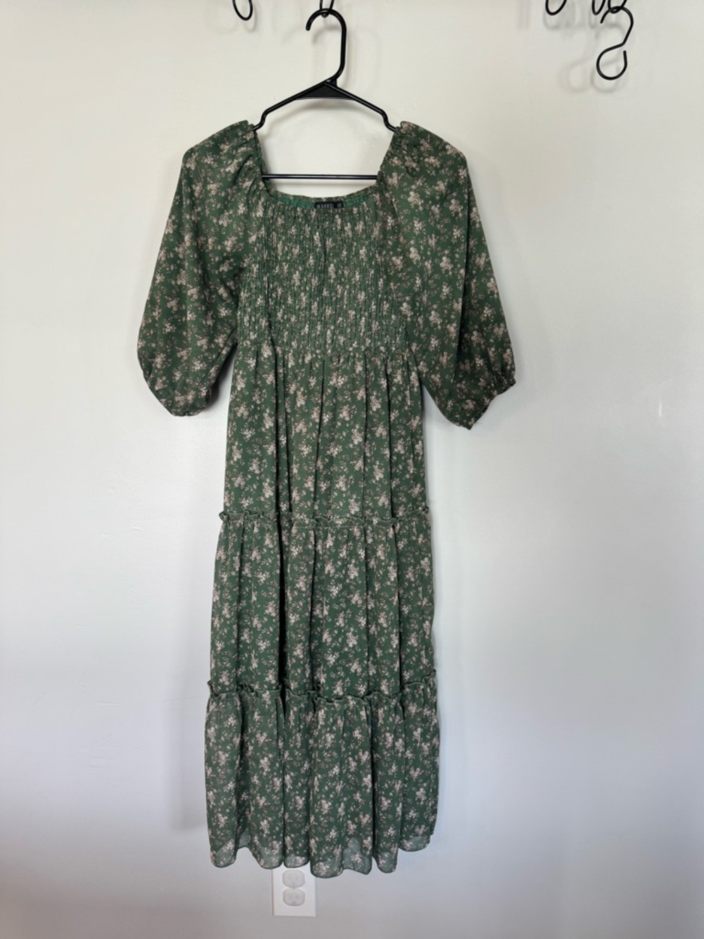 Mikarose Olive Green Floral Smocked Midi Dress